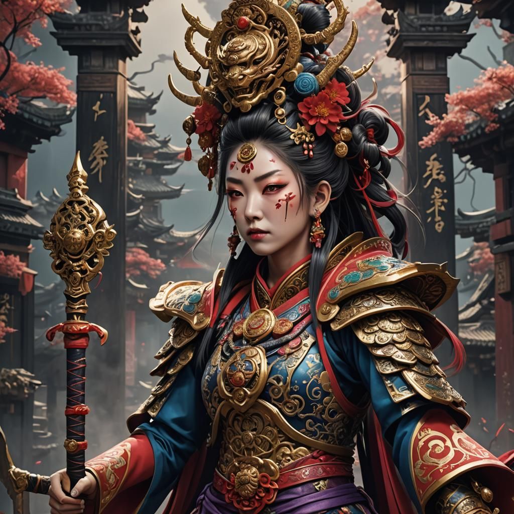 Fantasy Oiran Warrior in Detailed Matte Painting