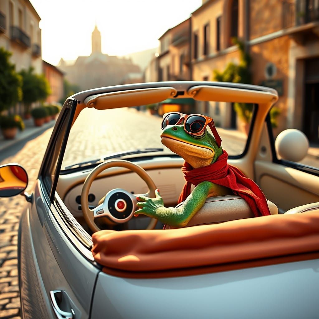 Frog Driver Cruises in Style Behind the Wheel of a White Fia...