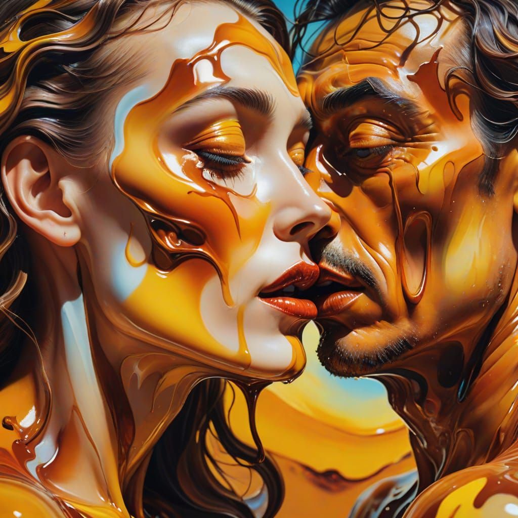 Surreal Melting Kiss: A Dreamlike Oil Painting