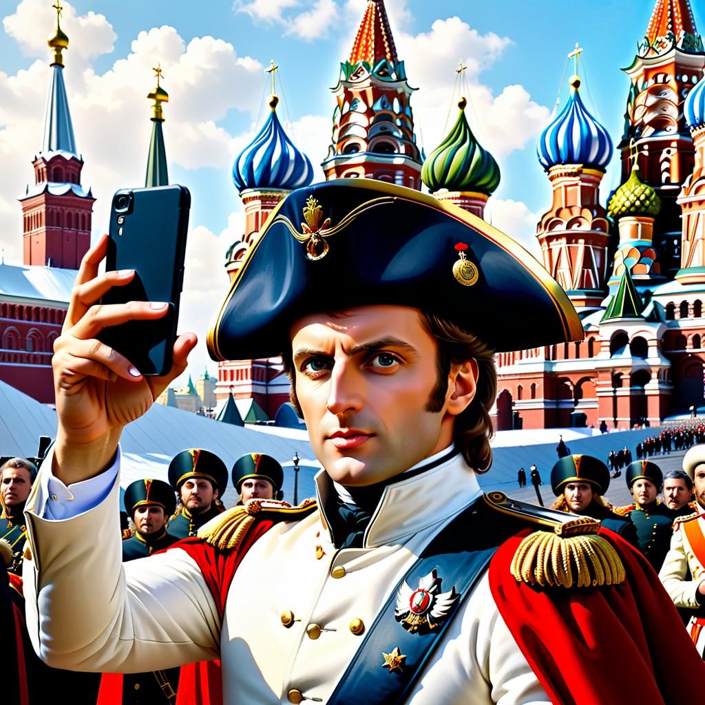 Macron as Napoleon Selfie in Moscow: Jacques-Louis David Sty...