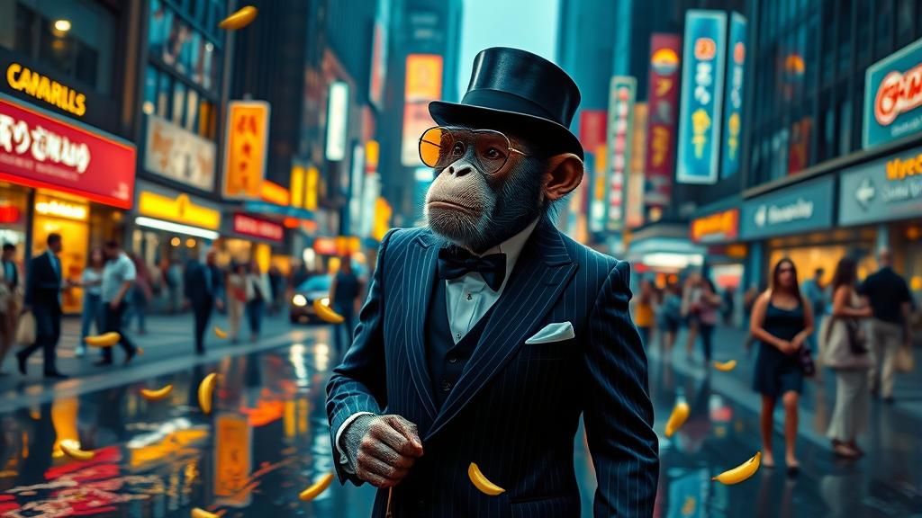 Debonair Monkey Strolls City Street in Film Noir Style