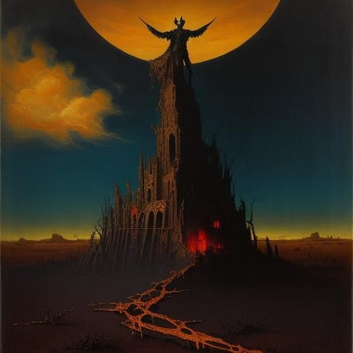 Surrealist Martyr in Desolate Landscape Painting