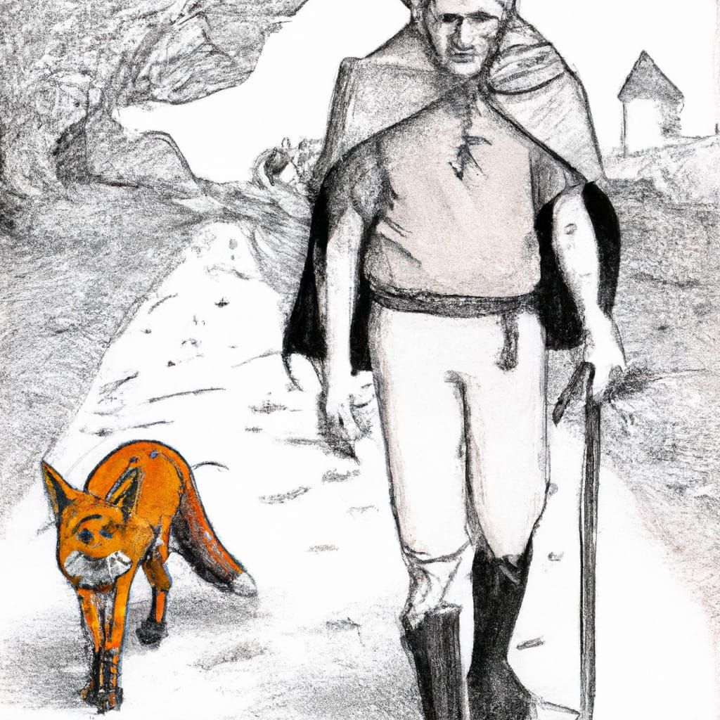 Inked Knight and Fox Companion on Country Path