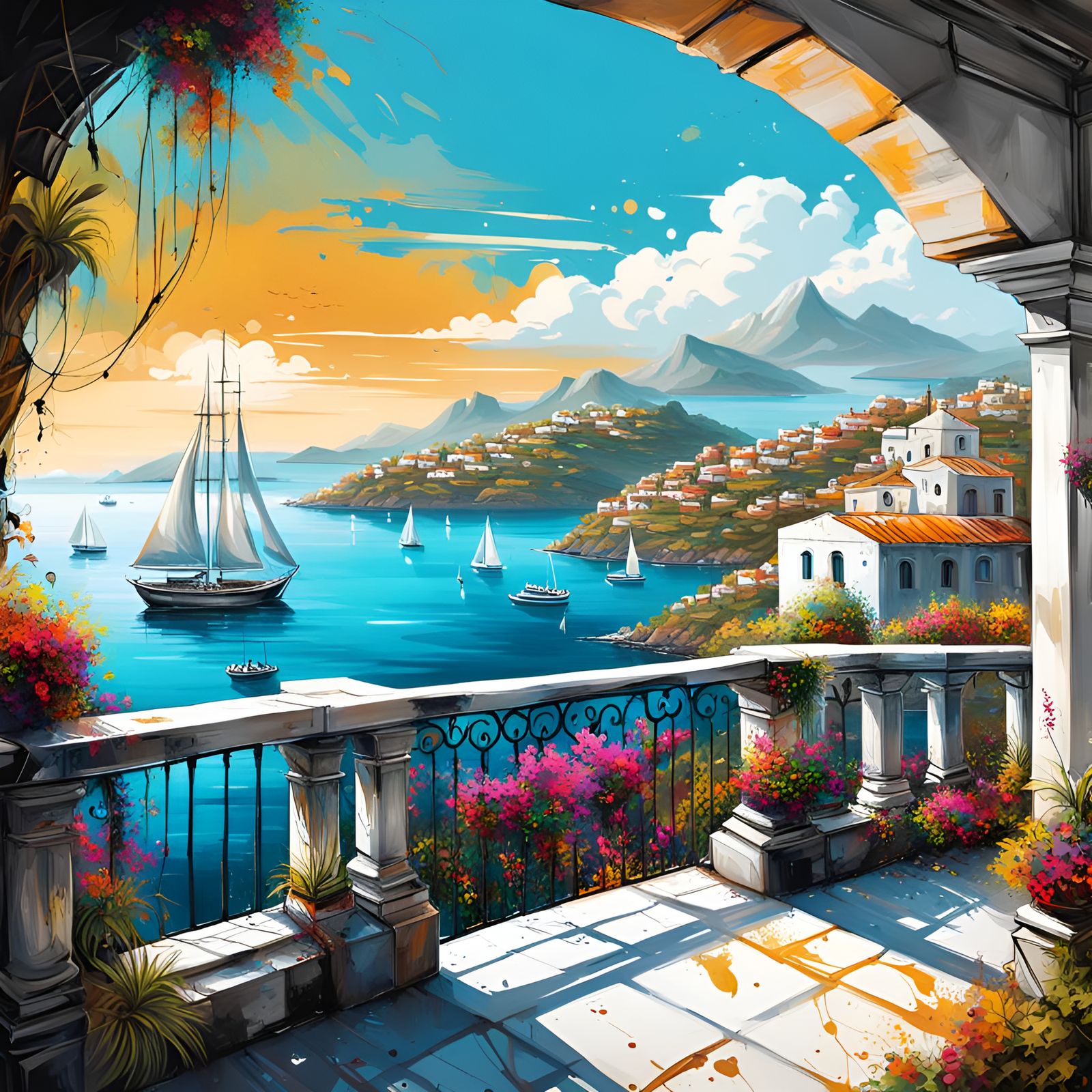 Villa Terrace View in Graffiti Splash Art Style