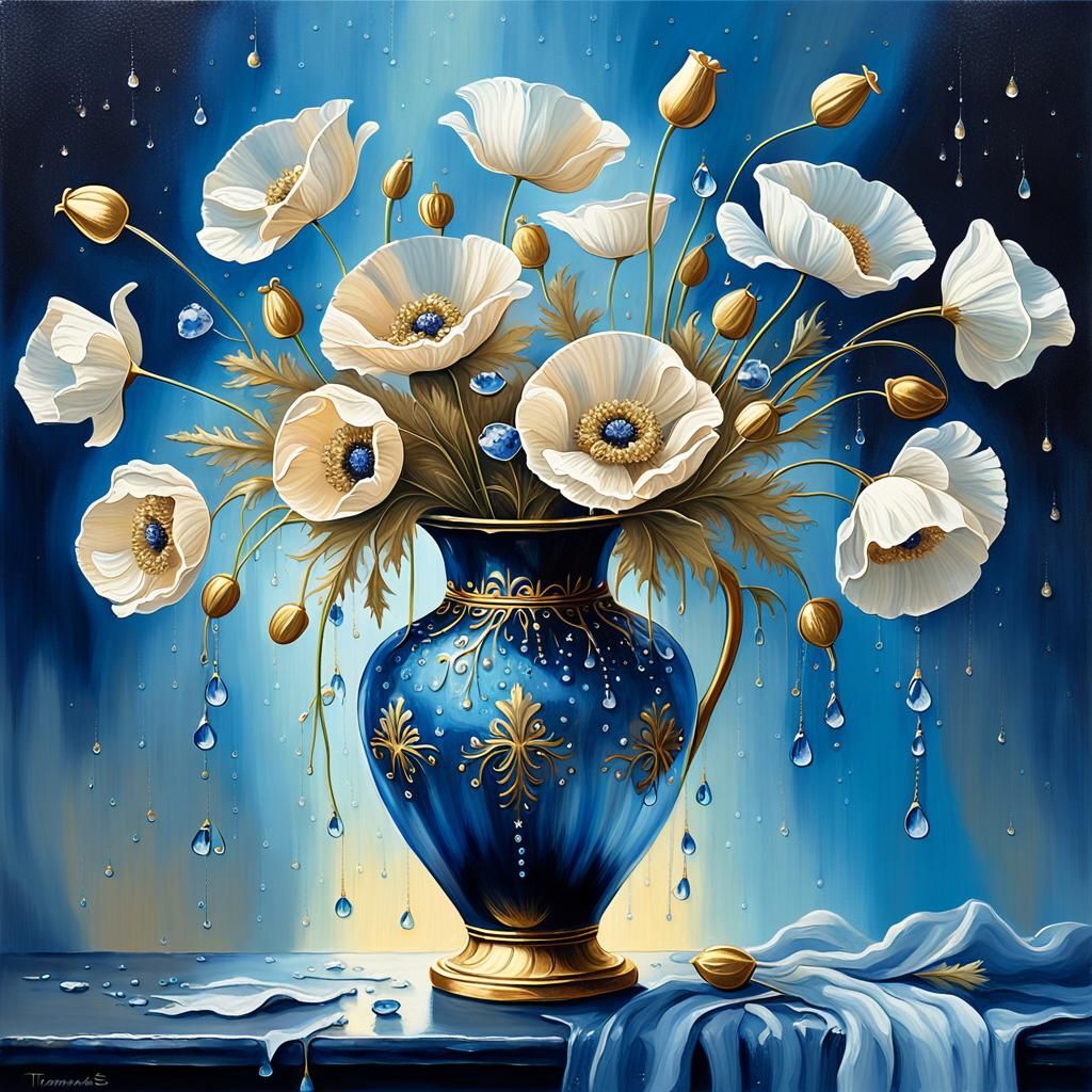 Poppies in Blue: A Whimsical Oil Painting