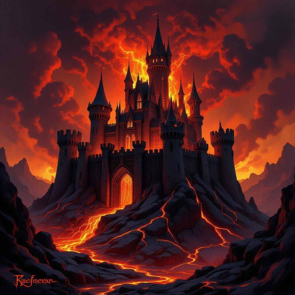 Lava Castle Inside Volcano in Dark Fantasy Style