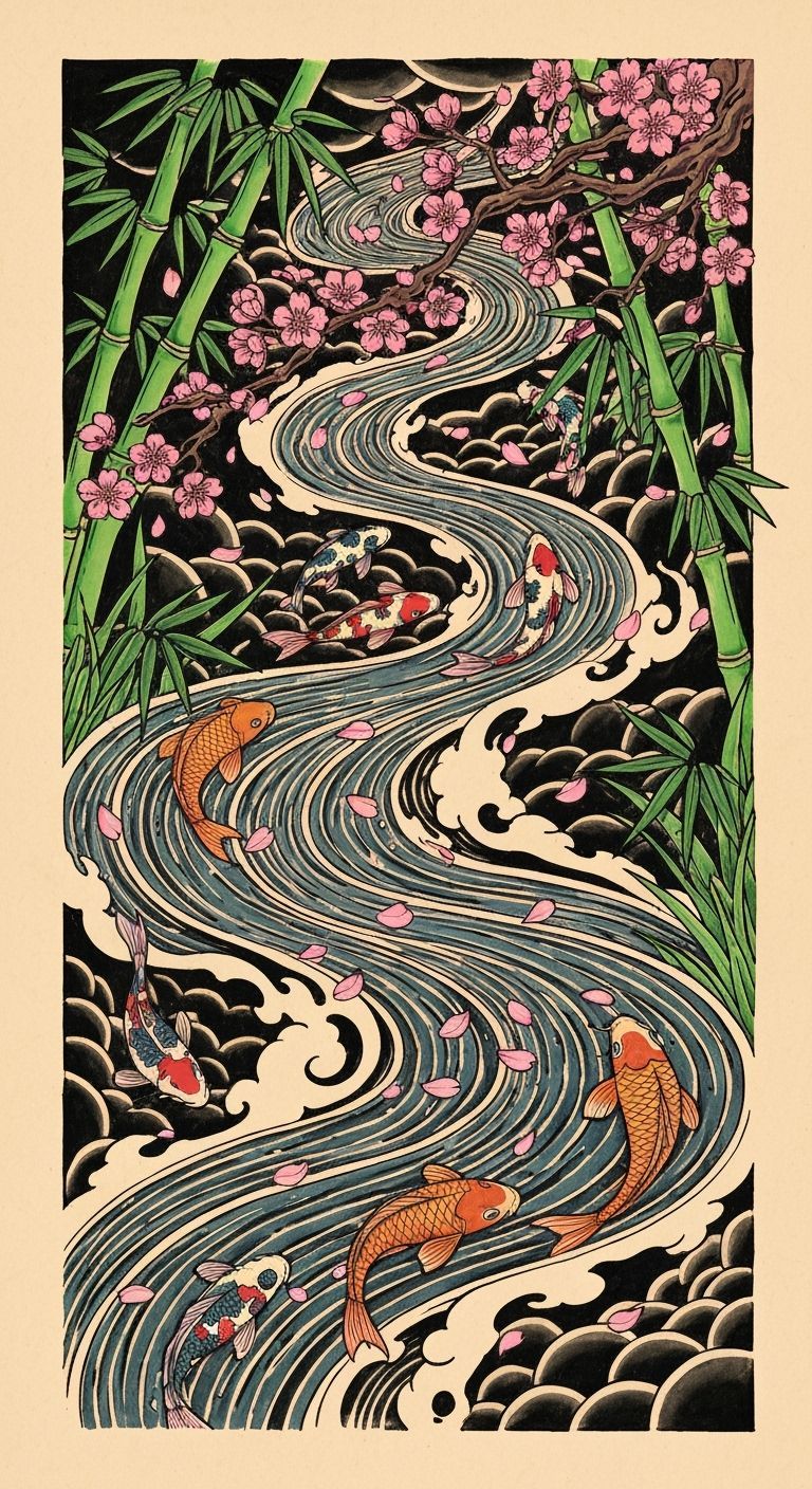 Neo-Japanese Tattoo Design Woodcut with River and Koi