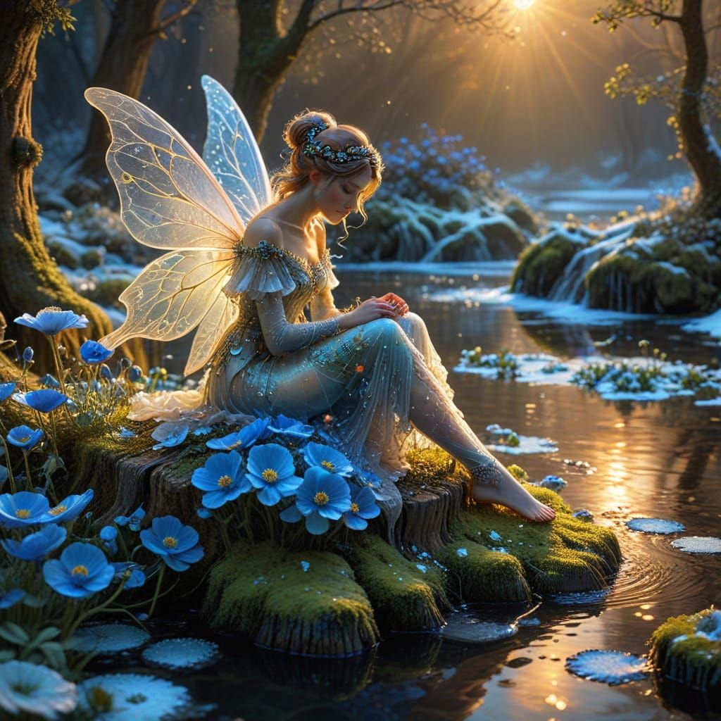 Victorian Fairy's Magical Sunset by Icy River