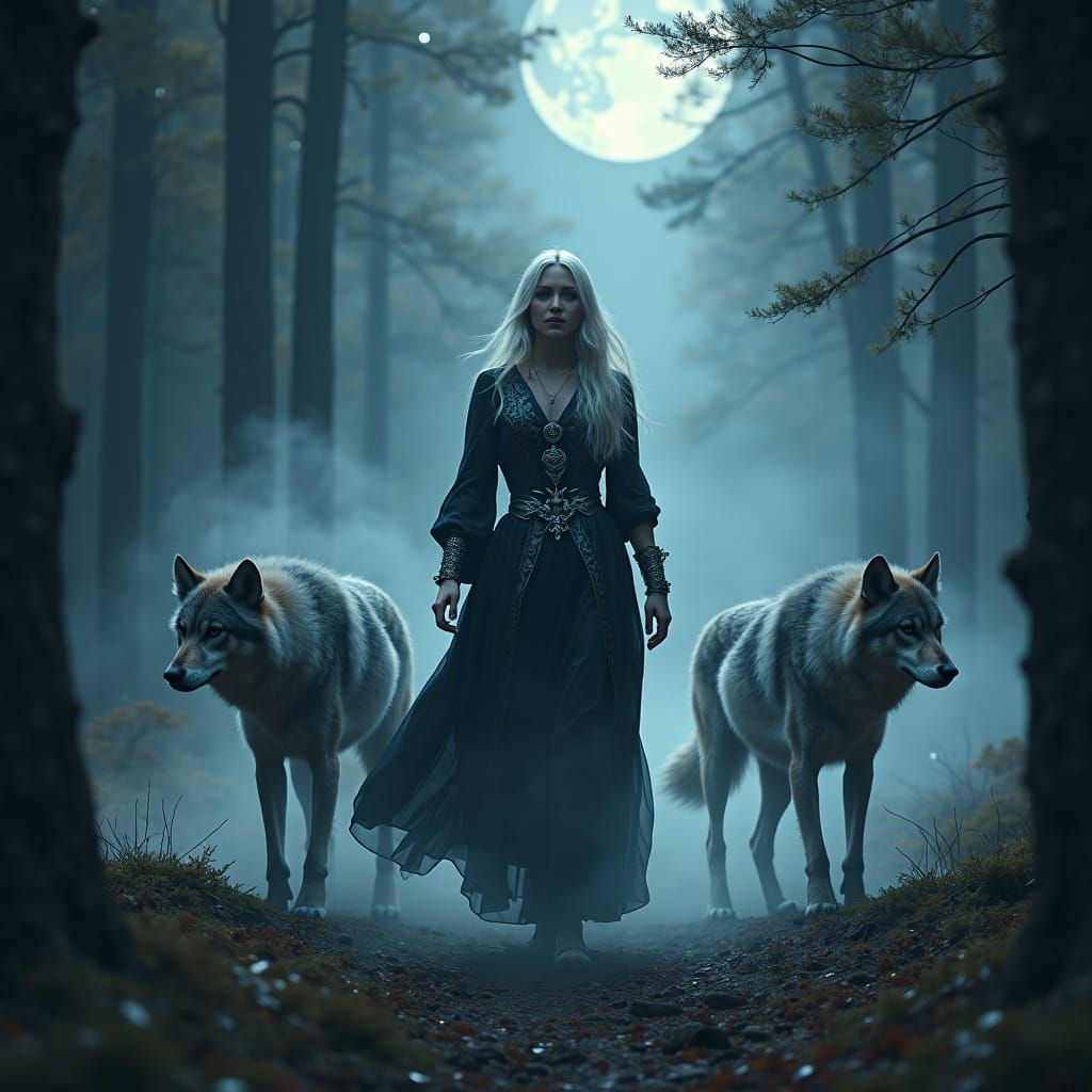 Mystical Forest Encounter with Wolves in Fantasy Art