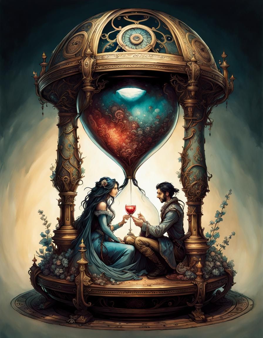 Lovers in Hourglass: Intricate Ink Fantasy Art