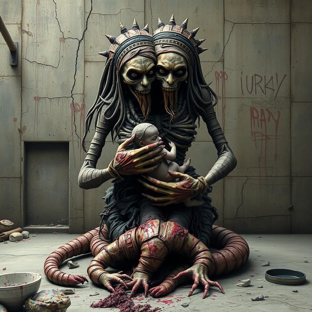 Two-Headed Gorgon Wet Nurse in Gritty Graffiti Style