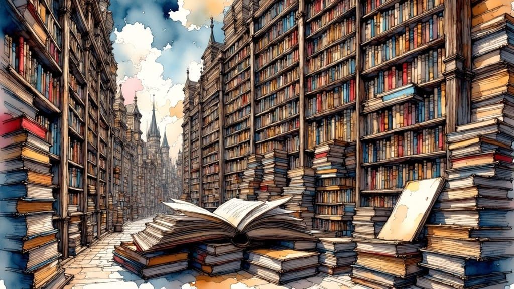 Surreal Library with Skewed Perspective in Watercolour Style