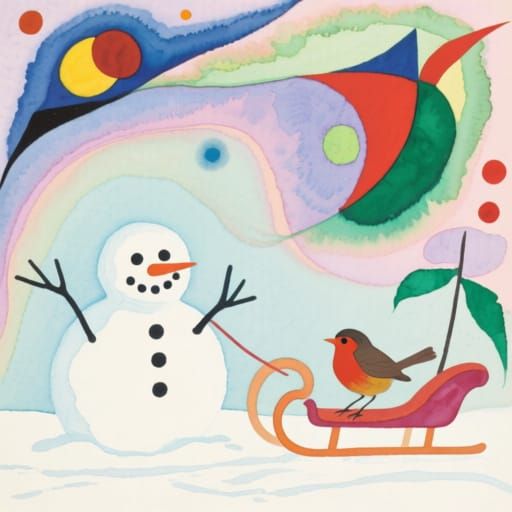 Dreamlike Snowman with Sleigh and Robin in Fluid Inks