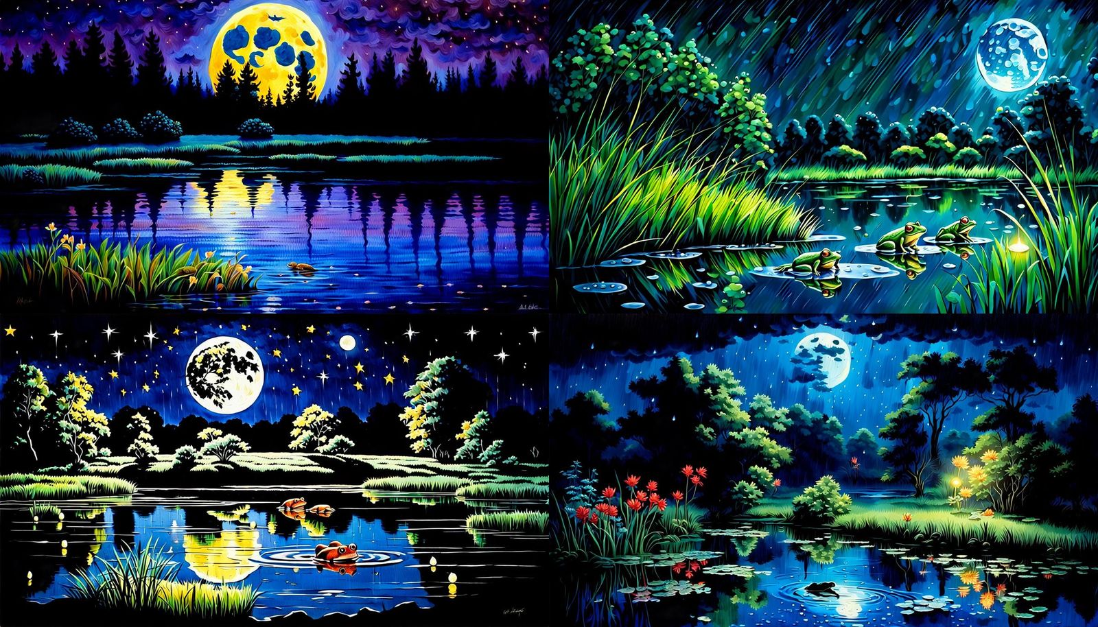 Hyperrealistic Moonlit Pond Acrylic Painting