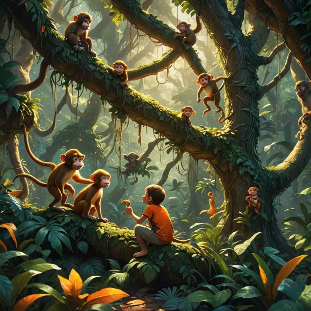 Whimsical Jungle Adventure with Mischievous Monkeys