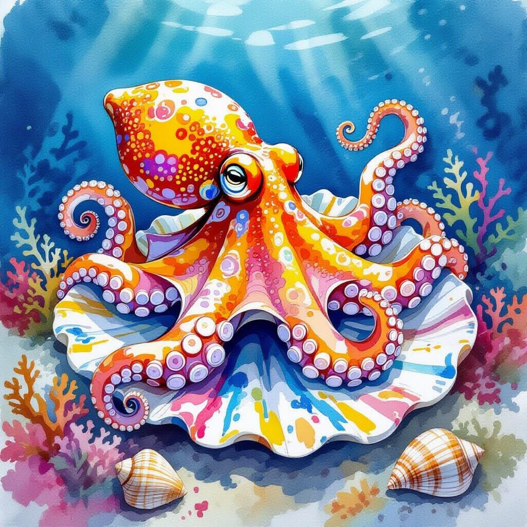 Octopus Artist Paints Seascape Watercolors on Shells