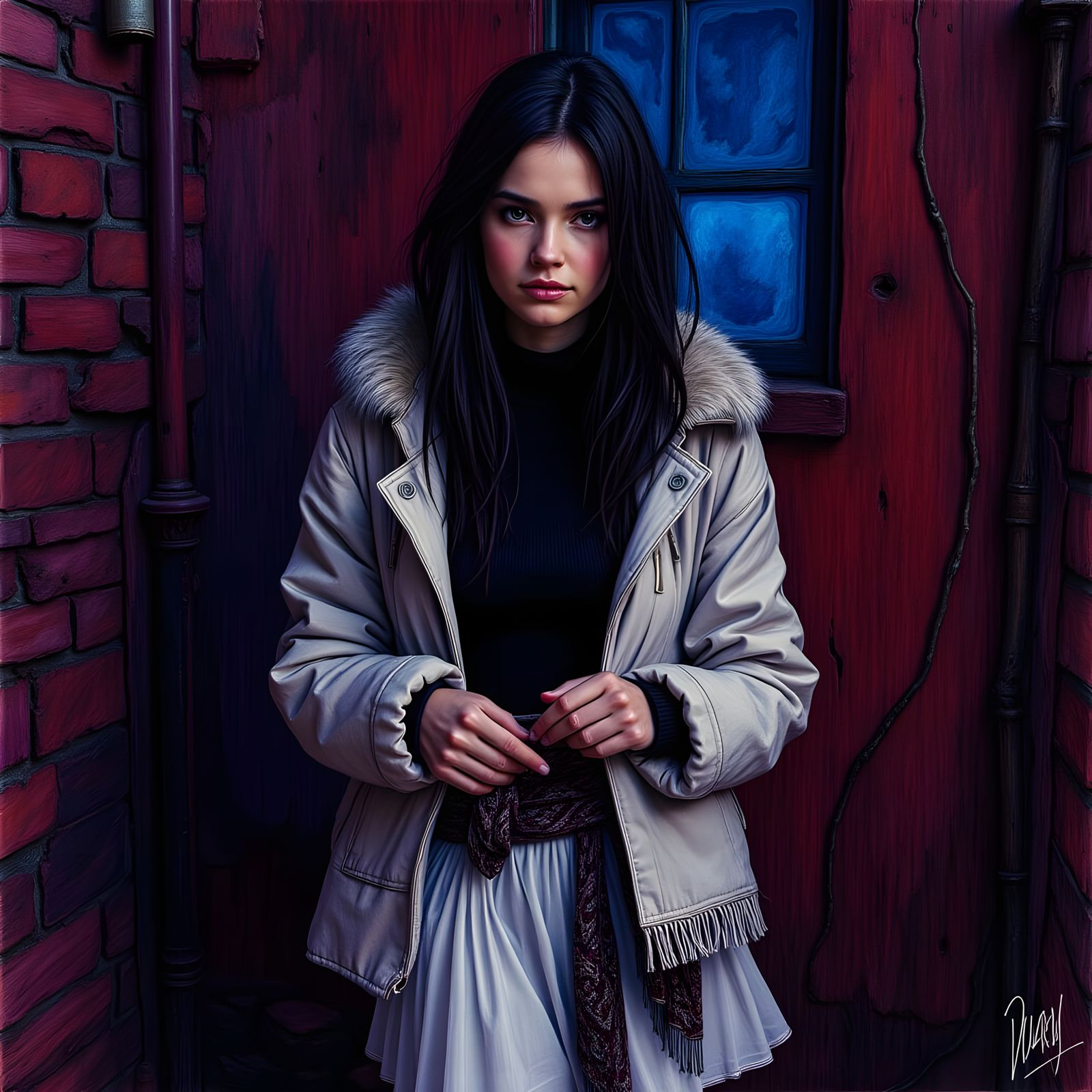 Woman in Hooded Jacket Gazes Intensely at Night