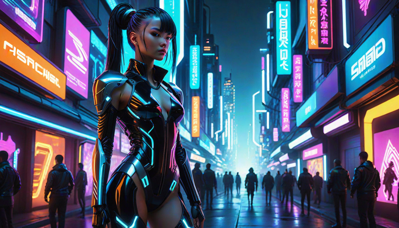 Cyberpunk Woman in Neon-Lit City Street