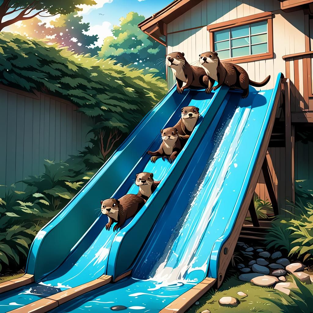 River Otter Family's Fun Slide in Anime Style