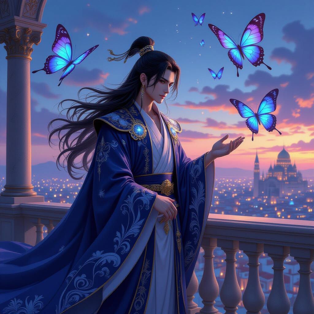 Emperor Amidst Twilight City and Stained Glass Butterflies