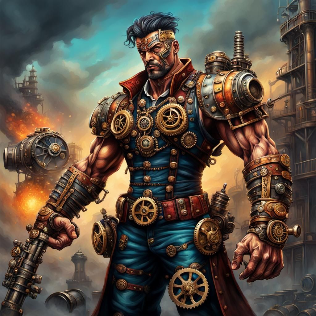 Steampunk Warrior with Vibrant Engine
