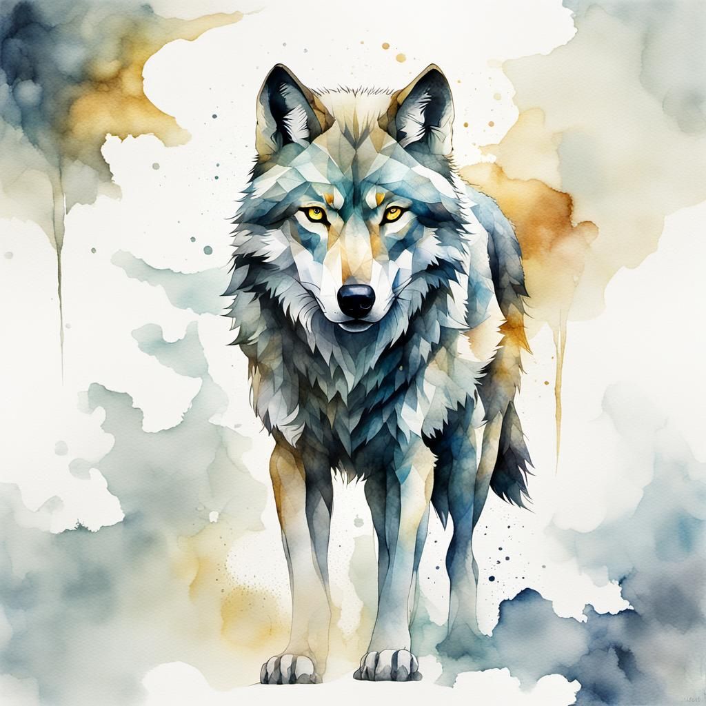 Watercolor Wolf Portrait in Double Exposure Style
