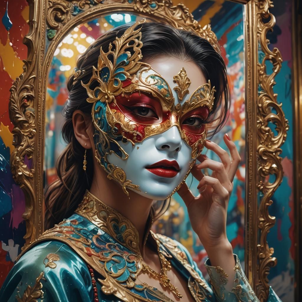 Woman with Mask and Mirrored Reflection in Splash Art