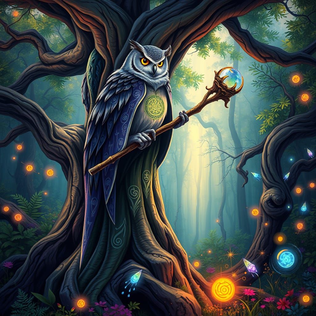 Ancient Owl Wizard in Vibrant Enchanted Forest