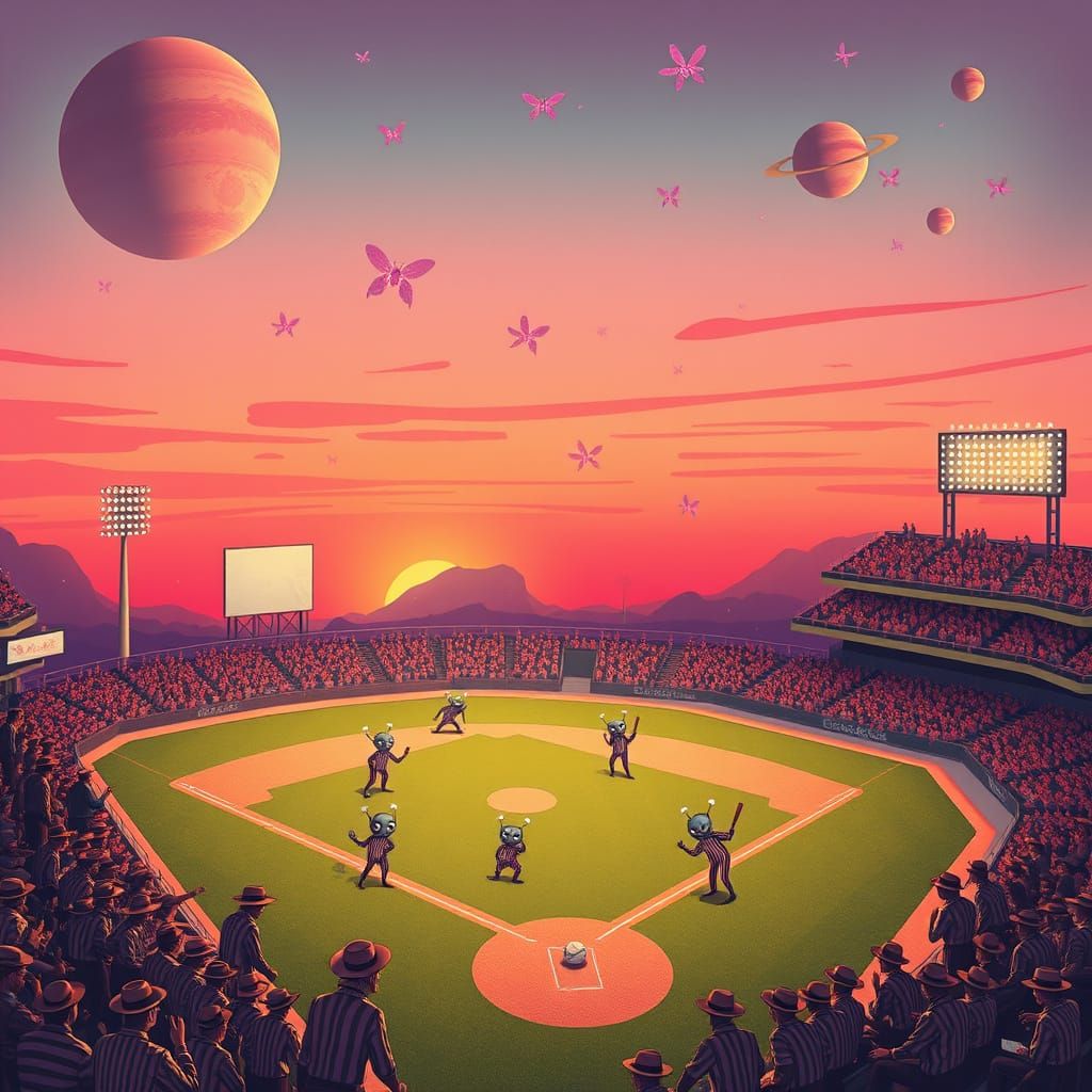 1920s Futuristic Baseball Scene with Extraterrestrial Firefl...