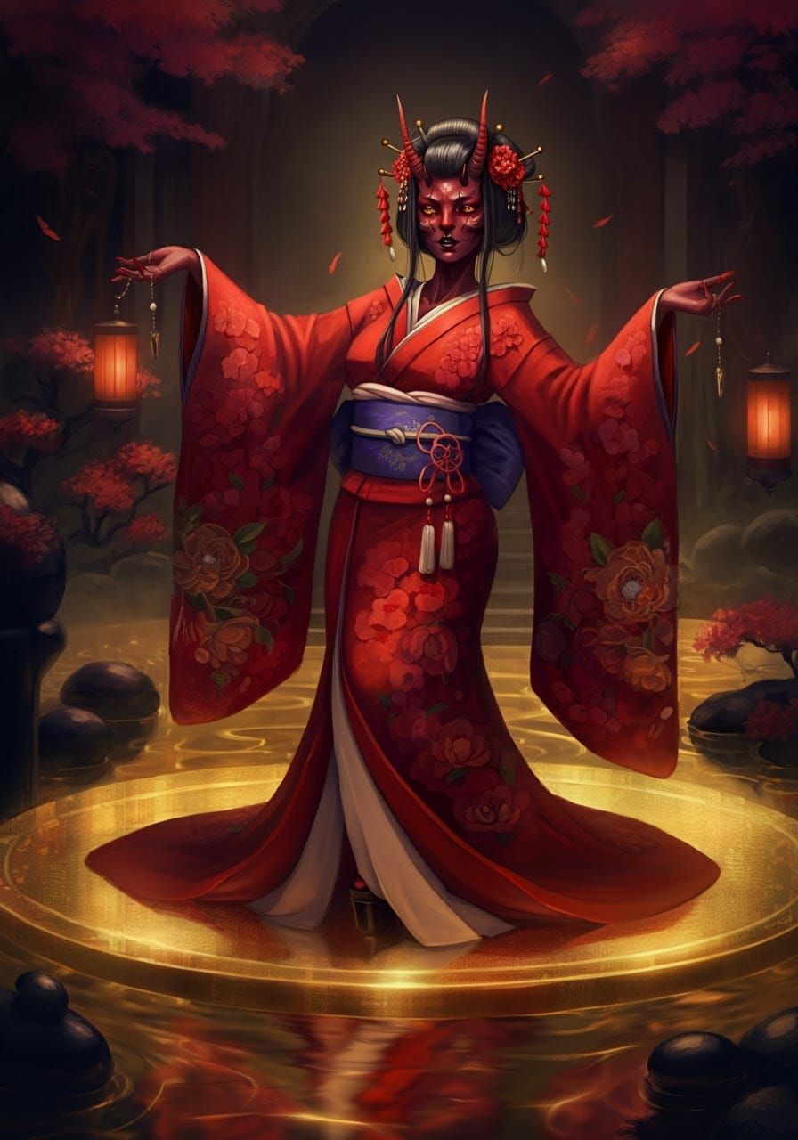 Mystical Oni Princess Dances in Obsidian Zen Garden