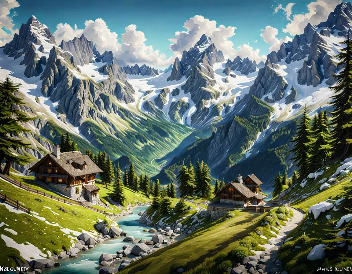 Swiss Alps Landscape Watercolor Painting