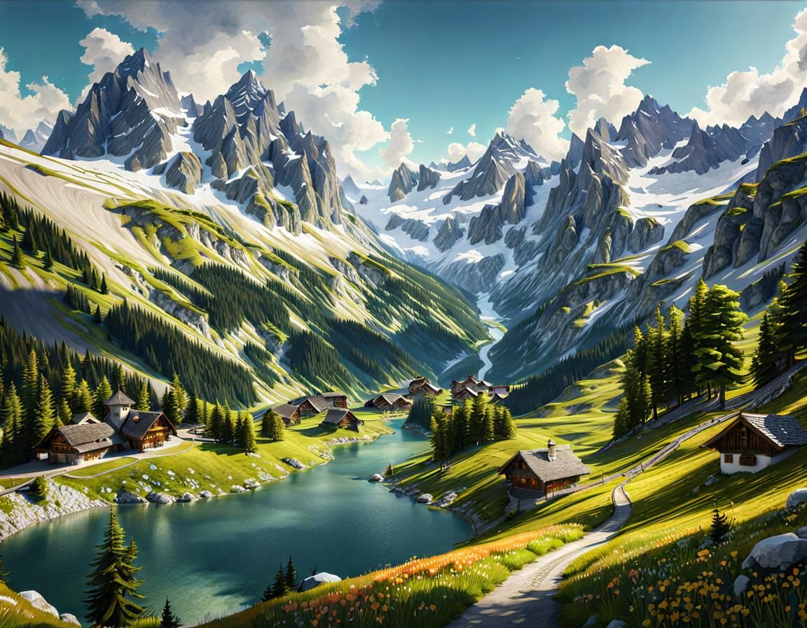 Swiss Alps Landscape Watercolor Painting