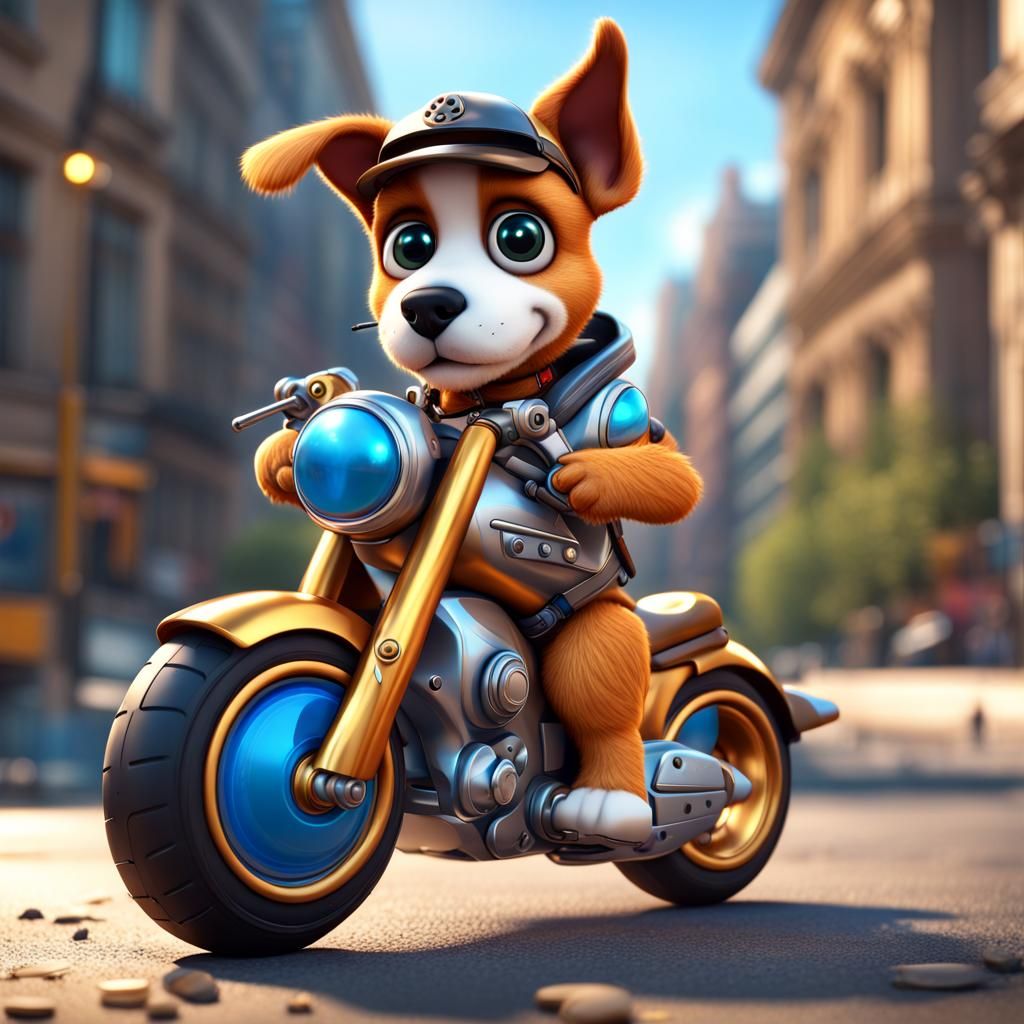 puppy riding a motorcycle