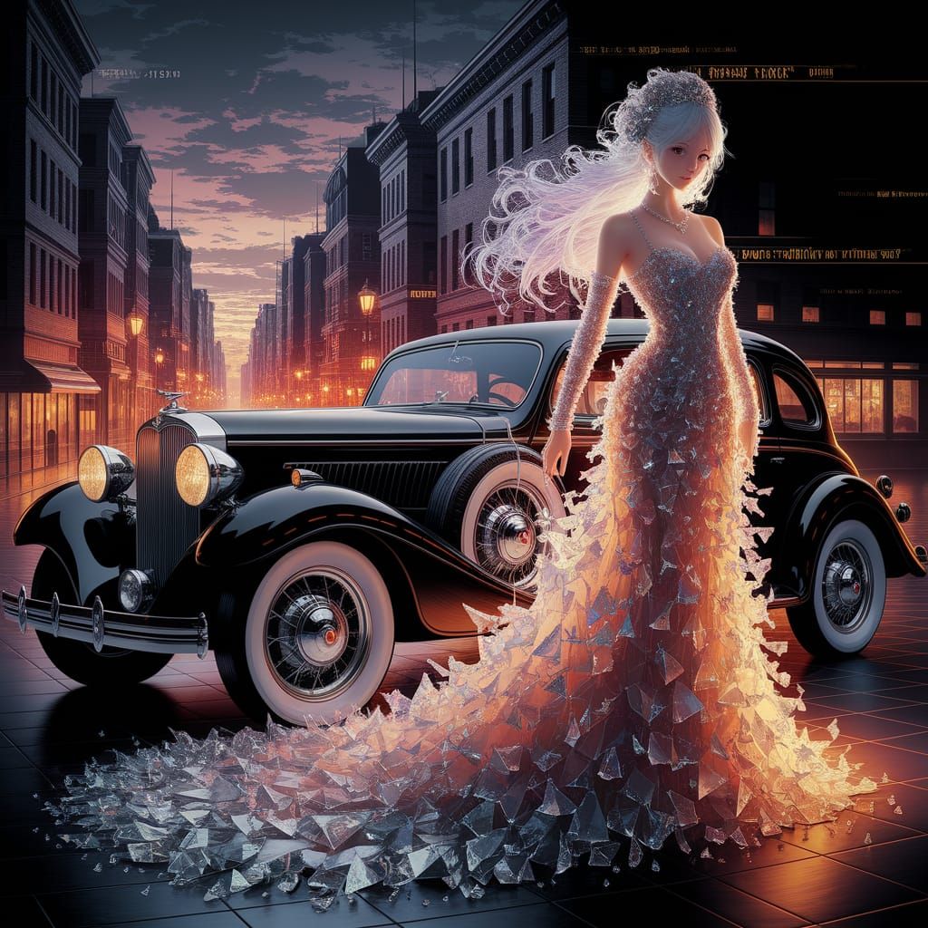 Anime Noblewoman in Glass Gown Beside Vintage Car