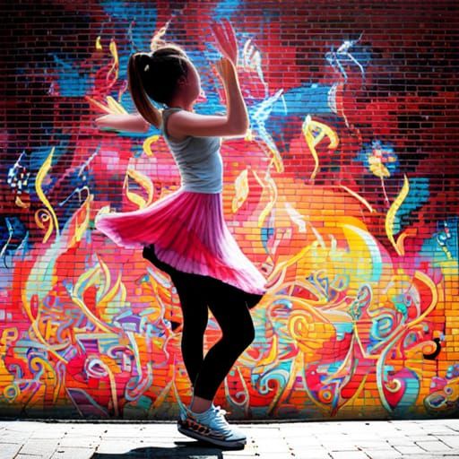 Girl Dancing on Music Notes in Graffiti Art