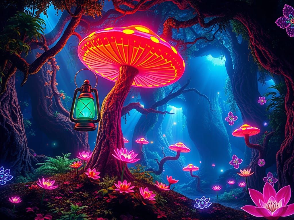 Vibrant Neon Wonderland in a Fantastical Forest