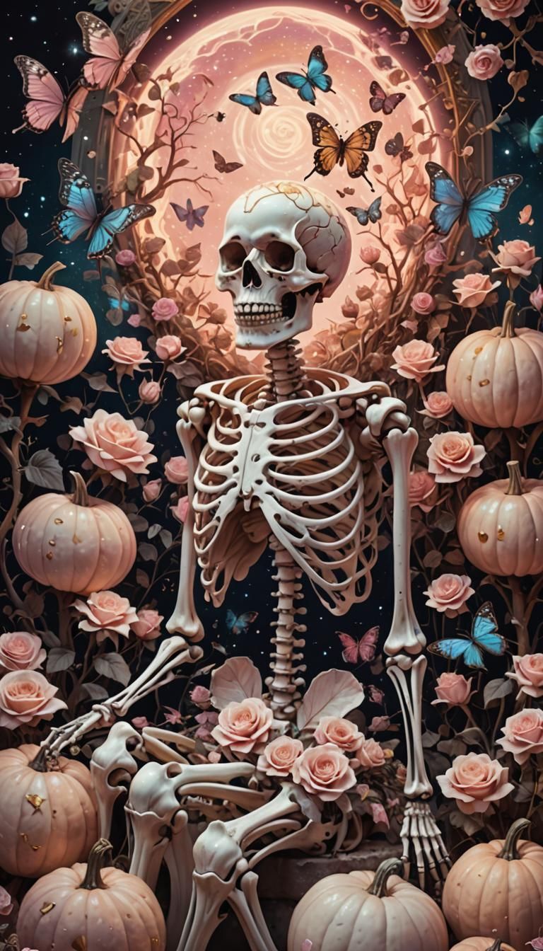 Cosmic Surrealist Skeleton in Astral Garden