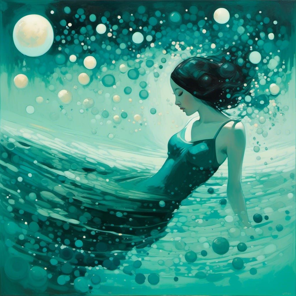 Surrealist Oil Painting of Woman Diving at Night