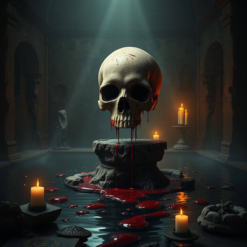 Haunting Skull on Ancient Altar in Dark Surrealism