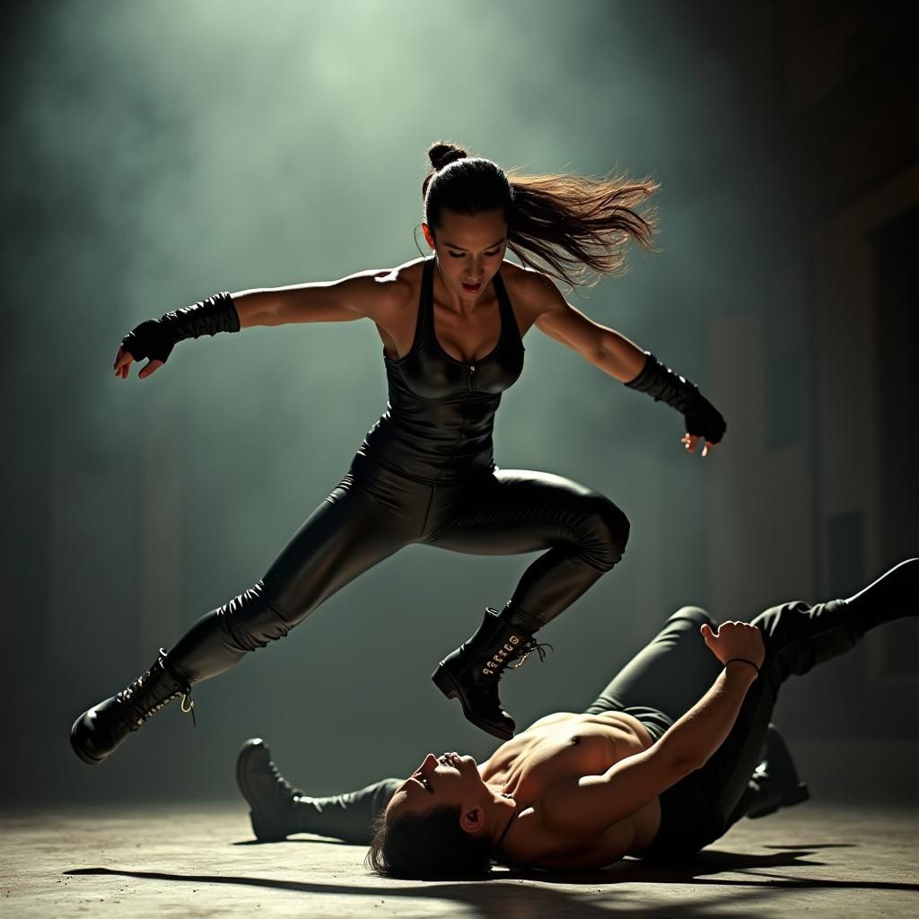 Female Wrestler Leaps in Noir Film Still