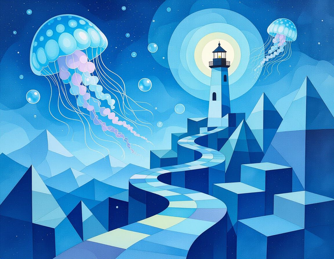 Surreal Geometric Landscape with Lighthouse in Aquarelle Sty...