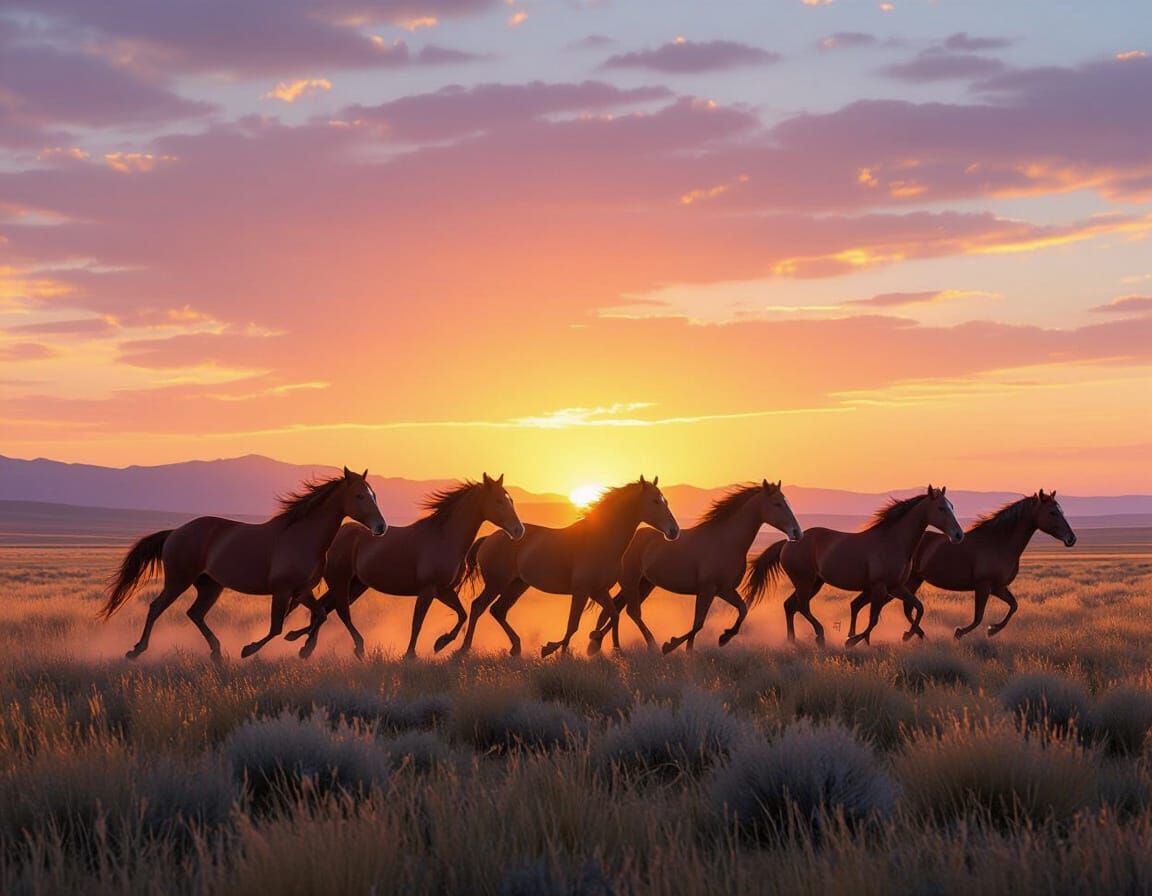 Wild Horses Galloping at Sunrise in Golden Light