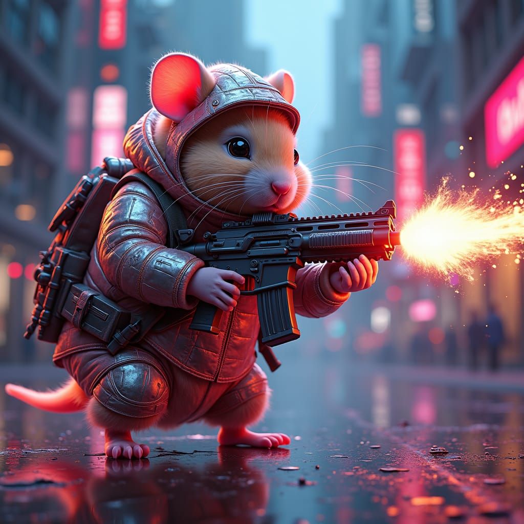 Cyberpunk Hamster Warrior Races Through Neon Cityscape