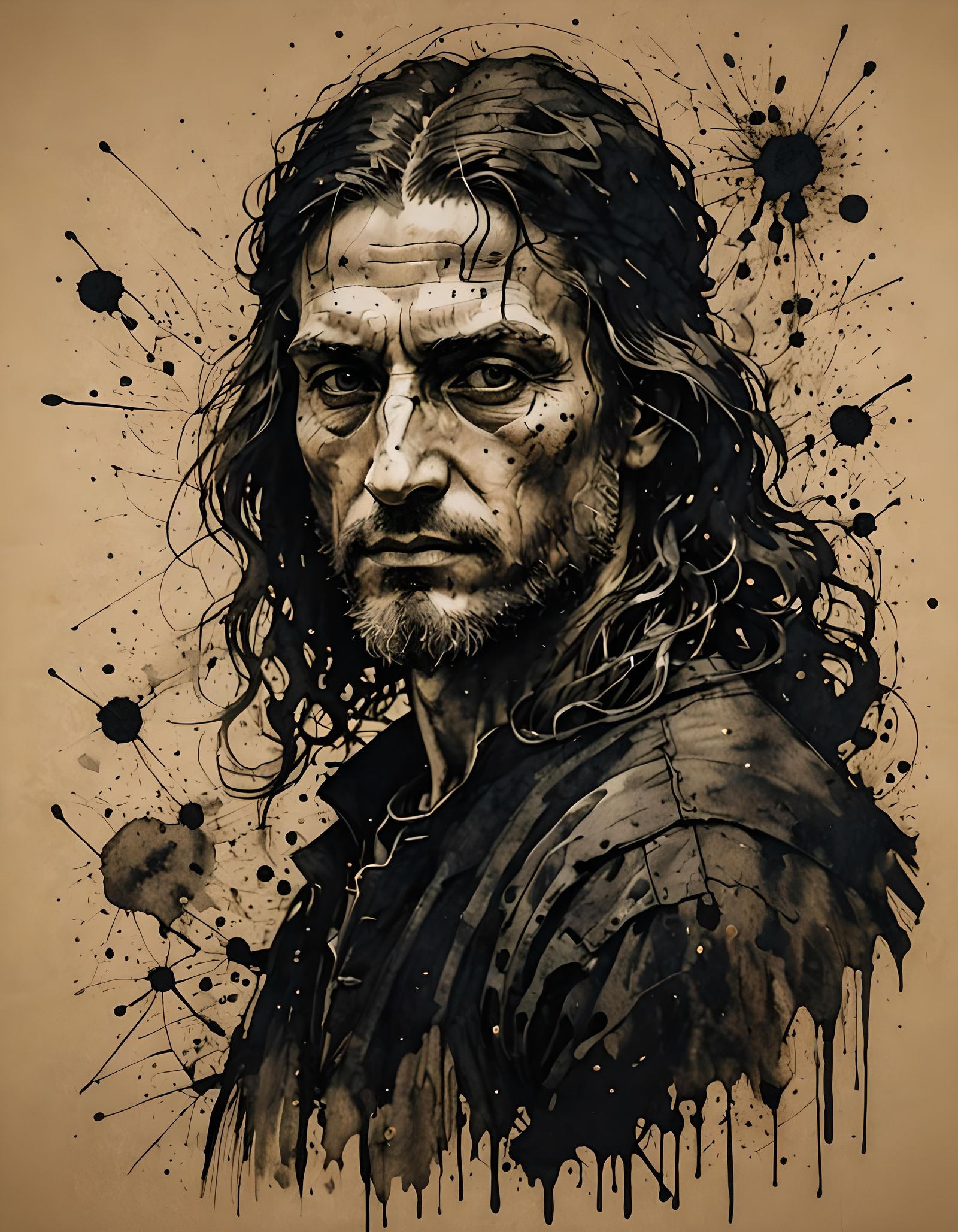 Handsome Man's Portrait in Black Ink Sketch Style