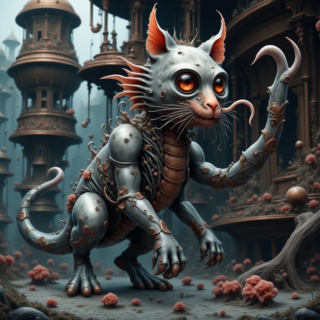 Biomechanical Kitten-Kraken in H.R. Giger's Dark Style