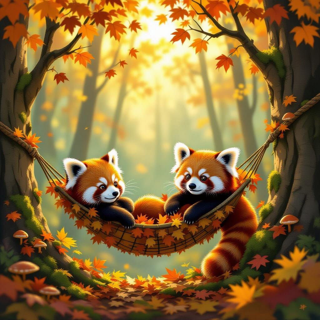 Red Pandas in Autumn Leaf Hammock, Sun-Dappled Forest