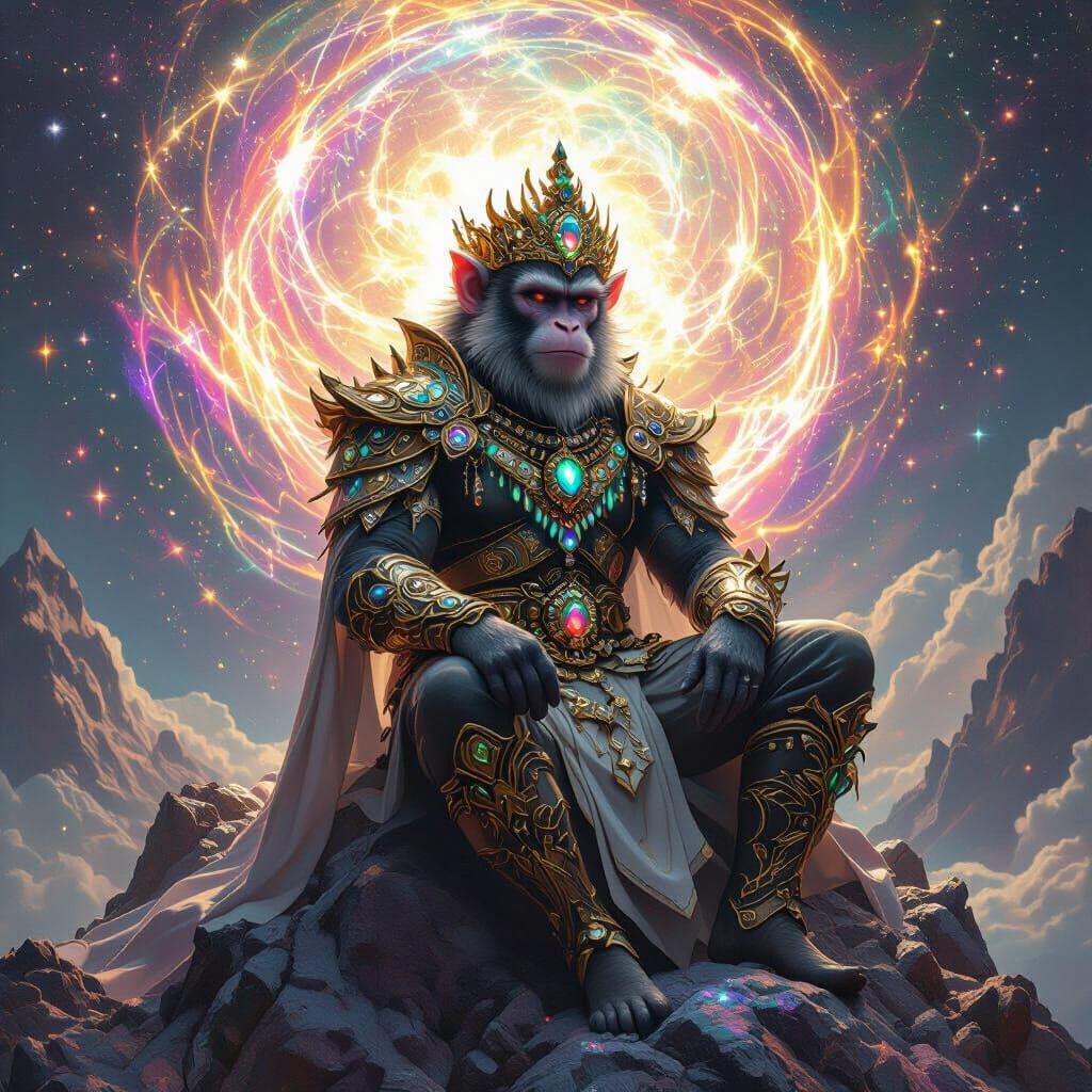 Celestial Monkey King Overlooking Galaxy in Dark Fantasy Sty...