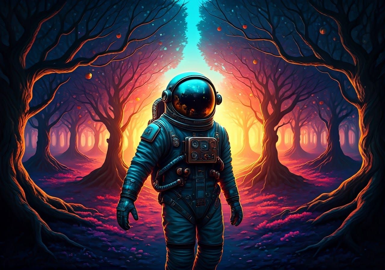 Steampunk Astronaut Surrounded by Vibrant Bioluminescent App...