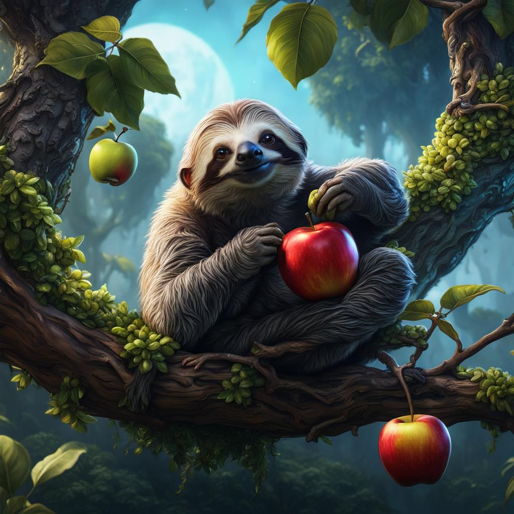 Cute Sloth Enjoys Apple, Detailed Matte Painting
