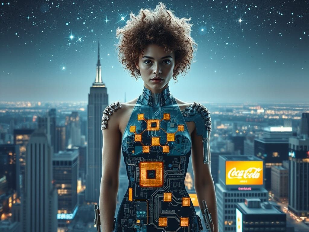 Female Cyborg with Cyberpunk Cityscape in Digital Art